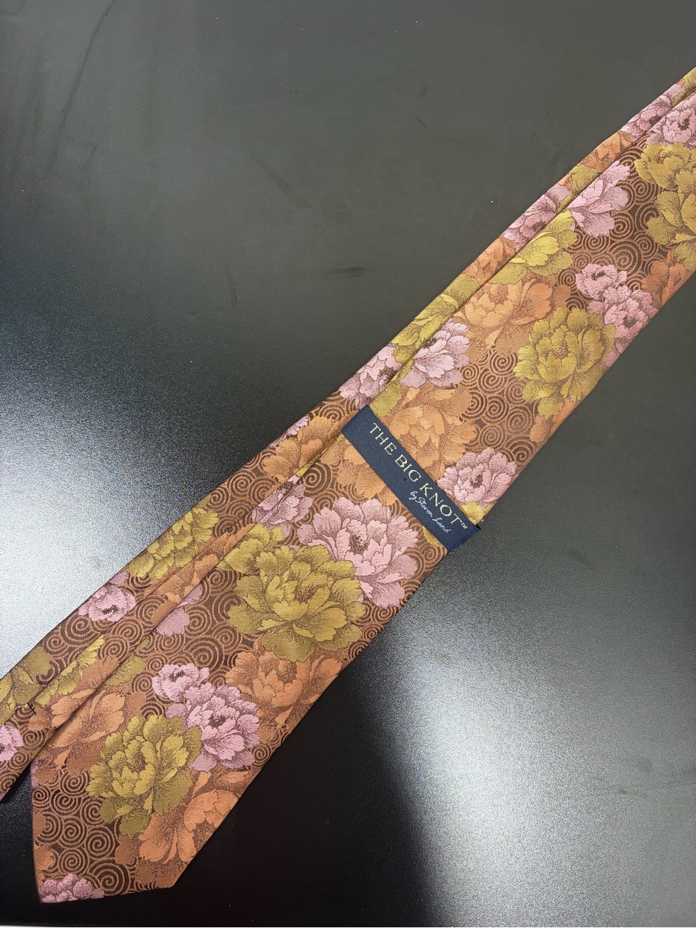 Steven Land The Big Knot 100% Silk Floral Tie Brown Pink Green Wide